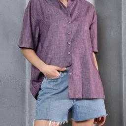 Shein Spread Collar Drop-Shoulder Sleeves Oversized Fit Shirt-image-5