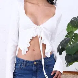 Shein Tie-Up Neck Panelled Lace Trim Ruffled Crop Top-picture-31