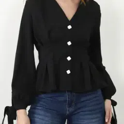 Shein Tie-Up Sleeve Pleated Peplum Style Textured Top-picture-26