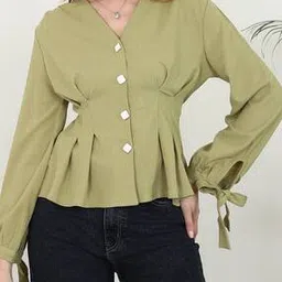 Shein Tie-Up Sleeve Pleated Peplum Style Textured Top-picture-14