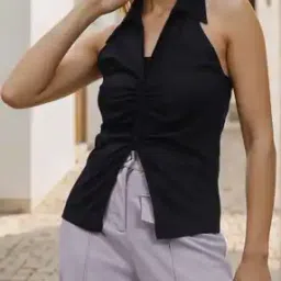 Shein Halter Neck Sleeveless Front Slit Ruched Top-picture-23