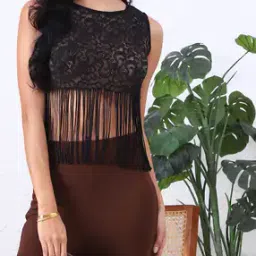 Shein Sleeveless Fringe Detail Sheer Lace Crop Top-picture-25