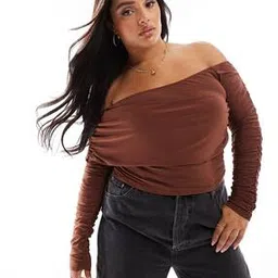 asos design Women  Curve Slinky Asymmetric Neck Ruched Sleeve Top-picture-44