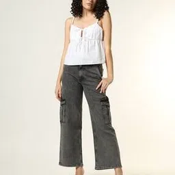 buda jeans co Women Lightly Washed Flared Cargo Jeans-picture-31