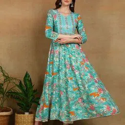 bikasaab Women Yoke Embroidered & Floral Print Flared Kurta-picture-41