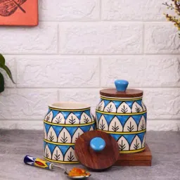 vareesha Set of 2 Hand Painted Ceramic Jars with Wooden Lid image 1