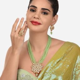 Zaveri Pearls Gold-Plated Green &White Stone-Studded Kundan Necklace Earring Set-picture-22