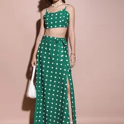 Tokyo Talkies Green & White Polka Dot Printed Crop Top With A-Line Skirts-image-46