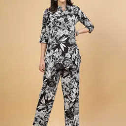 Pistaa Floral Printed Shirt Collar Pure Cotton Tunic With Trouser image 1