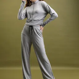 Tokyo Talkies Grey Melange High Neck Sweatshirt With Trousers-picture-41