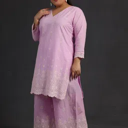 EXTRA LOVE BY LIBAS Floral Embroidered Pure Cotton Plus Size Straight Kurta With Palazzo image 3