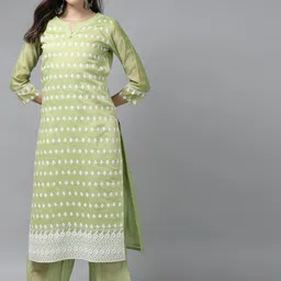 Indo Era Women Green Floral Embroidered Regular Kurta with Palazzos-image-52