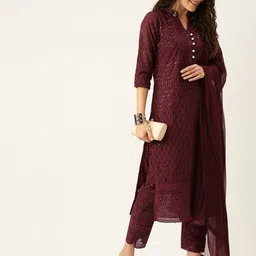SWAGG INDIA Women Maroon Ethnic Motifs Embroidered Sequinned Kurta with Trousers & With Dupatta image 1