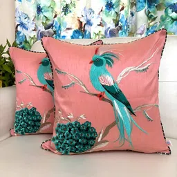 TARA- Sparkling Homes Pink & Green Set of 2 Embroidered Square Cushion Covers image 1