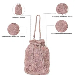 NR BY NIDHI RATHI Mauve Satin Potli Clutch with Floral Detailing image 2