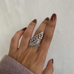 ISHKAARA Rhodium-Plated AD-Studded Leafy Crystals Finger Ring image 1