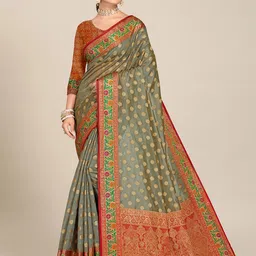 MS RETAIL Grey & Maroon Ethnic Motifs Zari Organza Banarasi Saree-picture-16