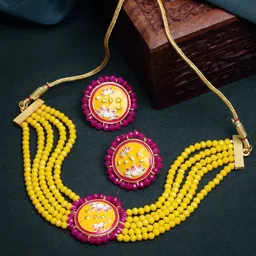 PANASH Gold-Plated Yellow & Pink Beaded Meenakari Jewellery Set-picture-39