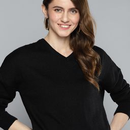 HERE&NOW Women Black Solid V-Neck Pullover with Sheen Detail-picture-27