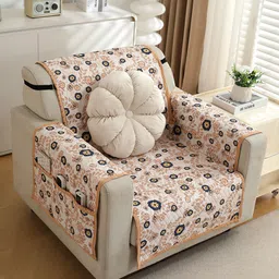 HOKIPO Peach-Coloured & Navy Blue Printed Polyester 1 Piece Sofa Cover With Arms image 3