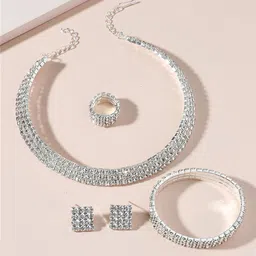 Yellow Chimes Silver-Plated Crystal Stone Studded Necklace Set with Ring & Bracelet image 5