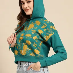 Sangria Women Green & Mustard Yellow Printed Drop- Shoulder Sleeves Hooded Sweatshirt image 5