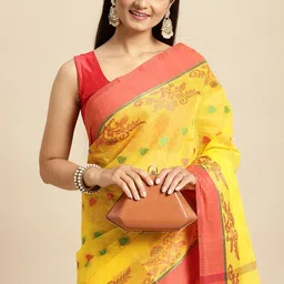 DESH BIDESH Yellow & Red Ethnic Motifs Pure Cotton Taant Saree image 1