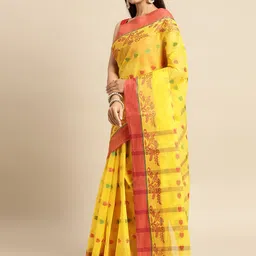 DESH BIDESH Yellow & Red Ethnic Motifs Pure Cotton Taant Saree image 2