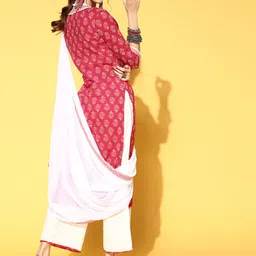 Indo Era Women Red Floral Printed Regular Kurta with Palazzos & With Dupatta image 5