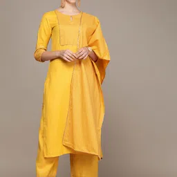 Anouk Women Yellow Yoke Design Regular Kurta with Palazzos & With Dupatta image 5