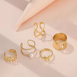 Pinapes Set of 5 Gold-Plated Oxidized Adjustable Finger Ring-picture-44