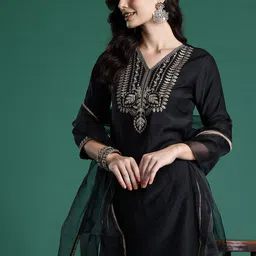 Indo Era Ethnic Motifs Zari Embroidered Liva Kurta With Sharara & Dupatta image 2