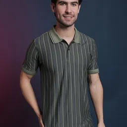 Campus Sutra Olive Striped Polo Collar Short Sleeves Casual Cotton T-shirt-picture-36