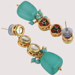 LUCKY JEWELLERY Gold-Plated White & Turquoise Blue Kundan-Studded & Beaded Jewellery Set image 4
