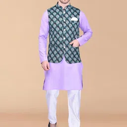 PRINTINDIA Mandarin Collar Pure Cotton Straight Kurta with Trousers & Nehru jacket-picture-36