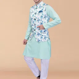 PRINTINDIA Mandarin Collar Pure Cotton Straight Kurta with Trousers & Nehru jacket image 2