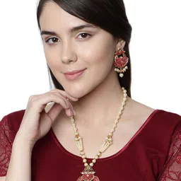 ANIKAS CREATION Women Gold-Plated & White Pearl-Embellished Temple Jewellery Set image 2