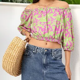 DressBerry Leafy Love Printed Off-Shoulder Blouson Crop Top image 1