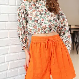 dressberry Urban Cool, Indie Spirit Printed Smocked Shirt Style Crop Top image 1