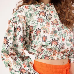 dressberry Urban Cool, Indie Spirit Printed Smocked Shirt Style Crop Top image 3