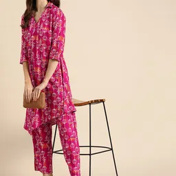 Anouk Women Floral Printed Asymmetric Regular Kurta with Trousers image 1