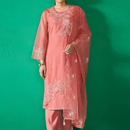 Anouk Rust Floral Embroidered Chanderi Silk Straight Kurta With Trouser & Dupatta-image-32