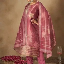 Indo Era Floral Printed Sequinned Straight Kurta With Trousers And Dupatta image 4