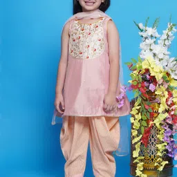 Little Bansi Girls Ethnic Motifs Embroidered A-Line Kurta With Dhoti Pants & Dupatta image 1