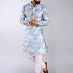 FUBAR Geometric Printed Mandarin Collar Pure Cotton Kurta With Pyjamas image 1