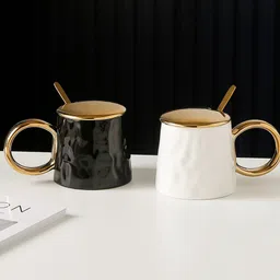 BonZeaL White & Black 2 Pieces Ceramic Glossy Coffee Mugs With Spoons 300 ml Each image 1