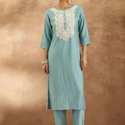 Indo Era Women Ethnic Motifs Embroidered Regular Thread Work Kurta with Trousers image 2
