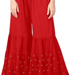 Women Relaxed Red Cotton Blend Trousers-image-2