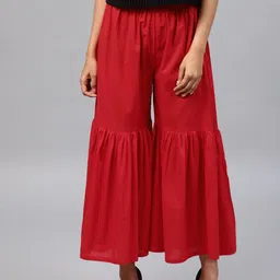 Women Flared Red Viscose Rayon Trousers-image-14