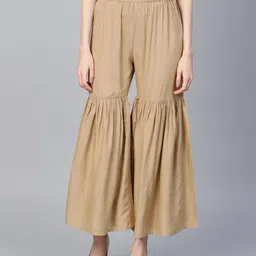 Women Flared Beige Viscose Rayon Trousers-image-37
